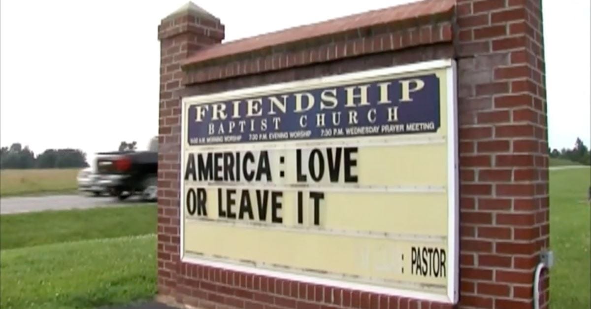 Congregants Walkout of Church over Pastor’s Controversial ‘Love it or Leave it’ Sign